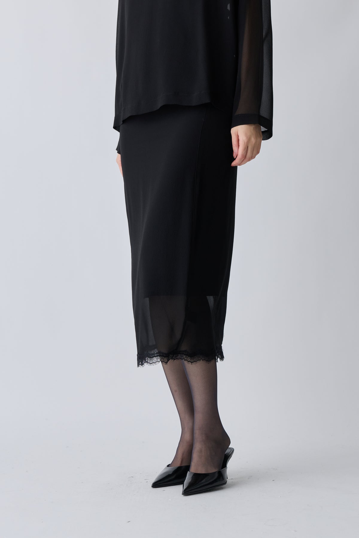 Caroli silk sheer skirt_black